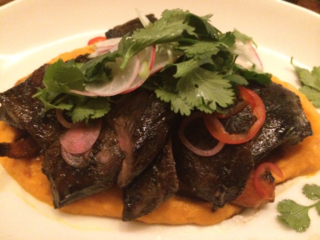 Marinated Niman Ranch Skirt Steak, Carrot Ginger Puree, Chilies, Cilantro and Radish