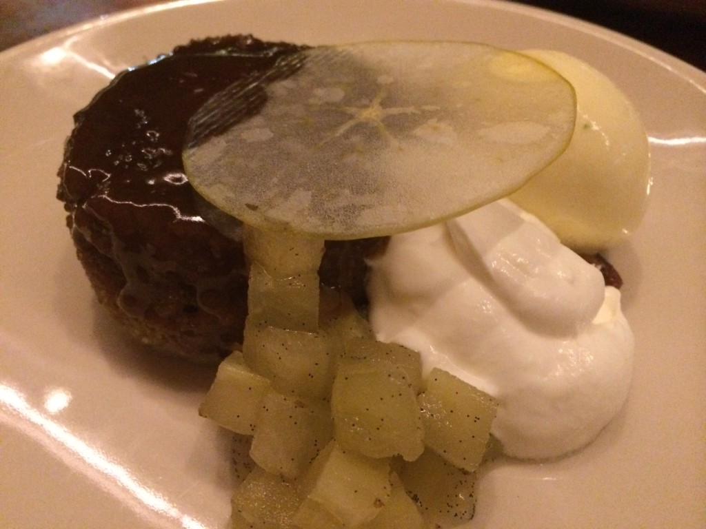 Warm Sticky Toffee Pudding with Roasted Apple, Candied Pecan and Lime Ice Cream