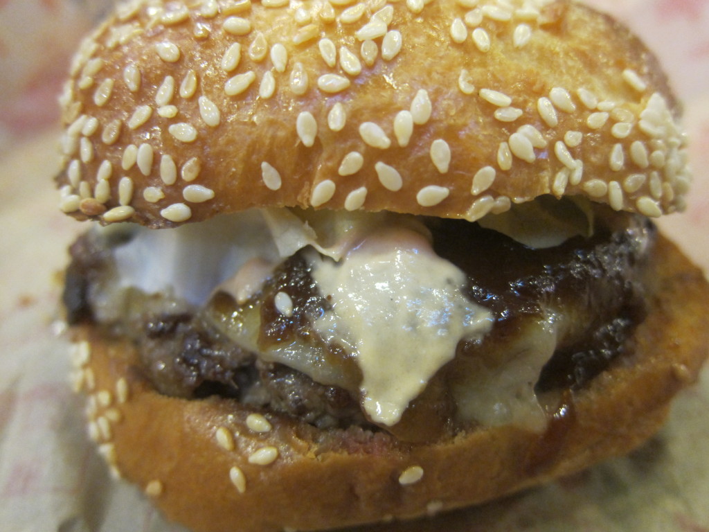 Cheeseburger from Belcampo with Dry Aged Grass Fed Beef with Cheddar and Caramelized Onions