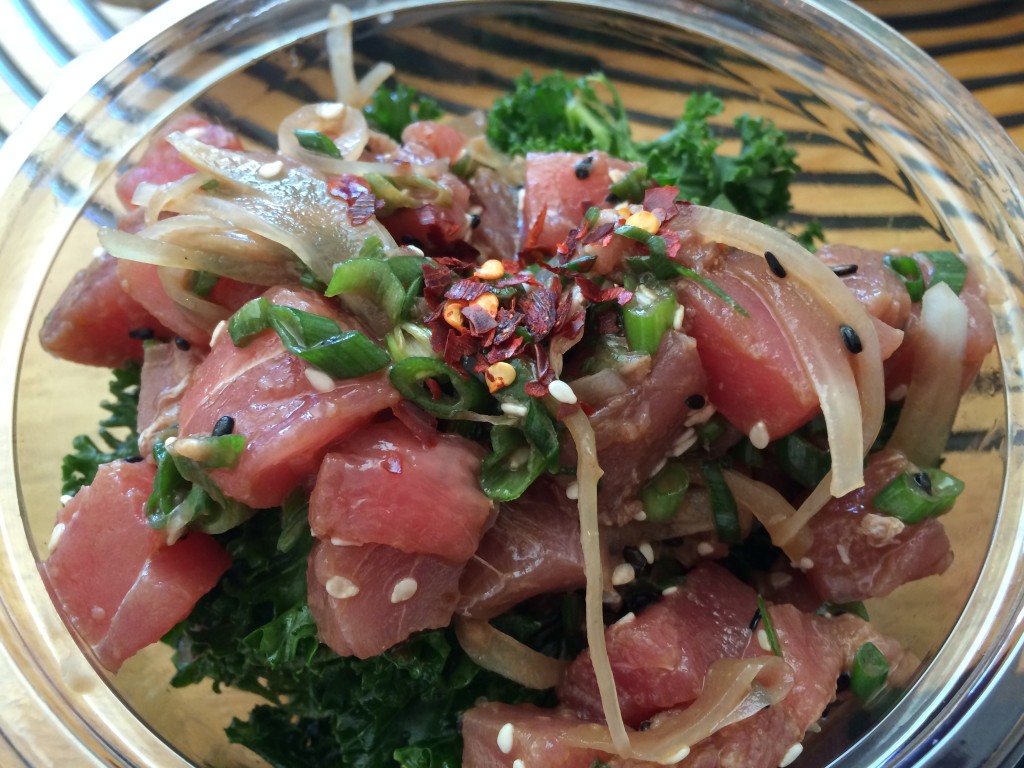 Classic Tuna Poké with Classic Sauce, White and Green Onions and Red Chile over Citrus-Kale Salad