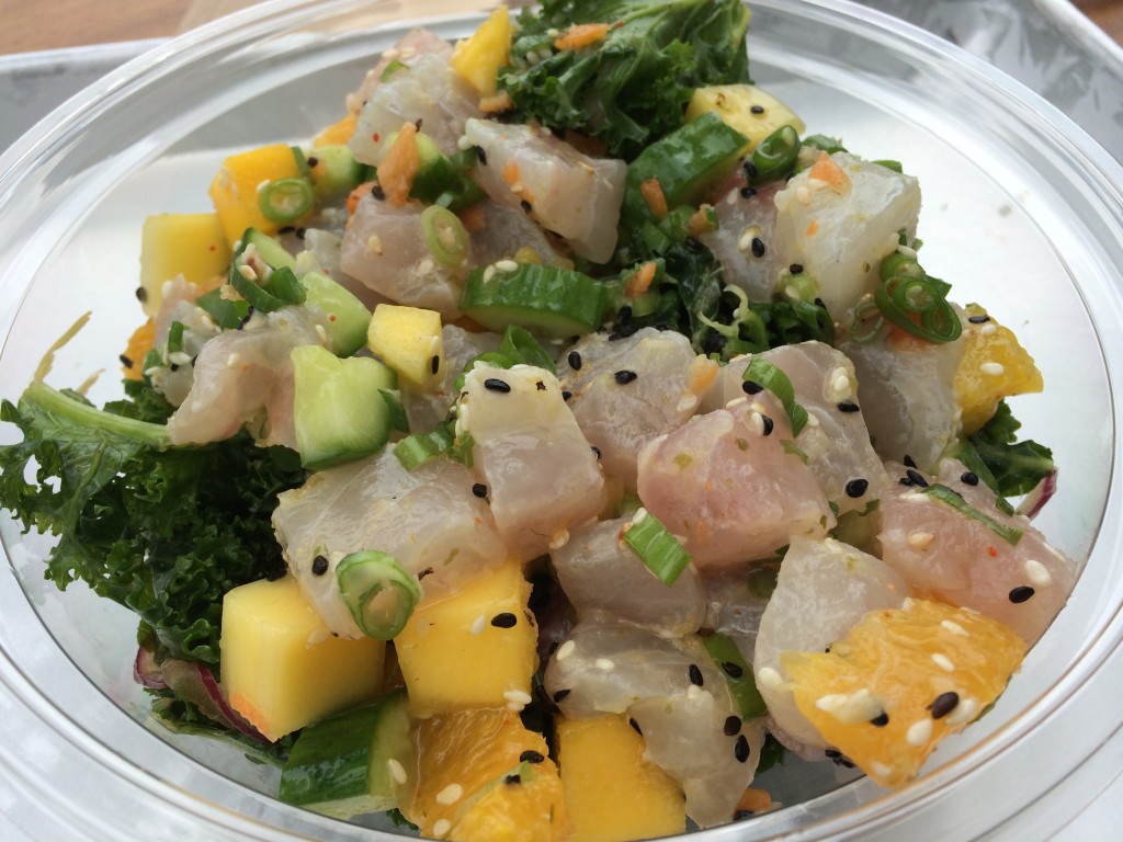 Red Snapper Poké with Yuzu Koshu, Chopped Serrano's, Fresh Ginger, Mango, Napa Cabbage and Chili Marinated Oranges