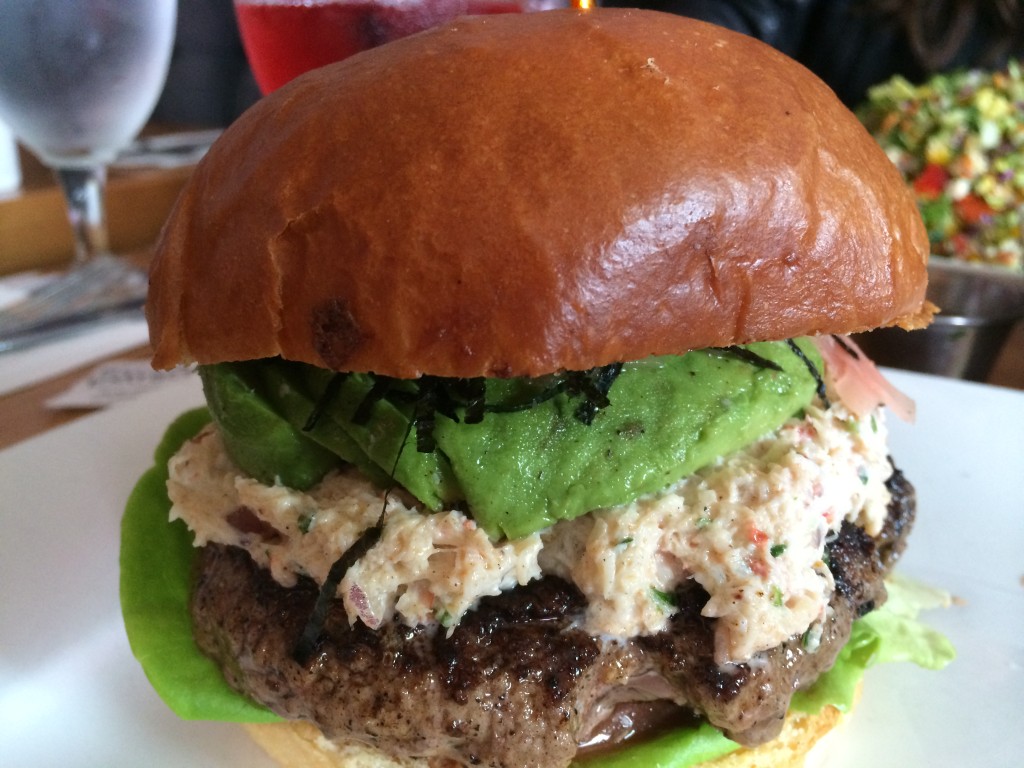 Chef Katsu's Original California Roll Hamburger with Snow Crab Salad, Avocado, Sushi Ginger, Boston Lettuce, Tomato, Nori, and Wasabi-Shoyu-Mayonnaise