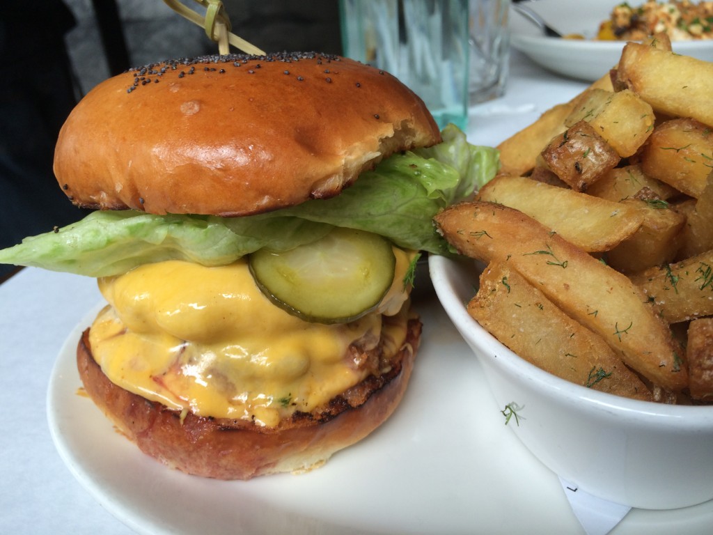 Griddled Cheese Burger from Ledlow with American and Cheddar Cheeses, Red Onion, Dill Pickle, Dijon and Garlic Aioli