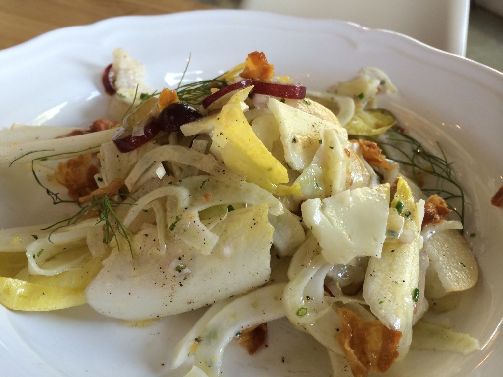 Shaved Salad with Fennel, Endive, Almonds, Pear, Manchego and Pancetta