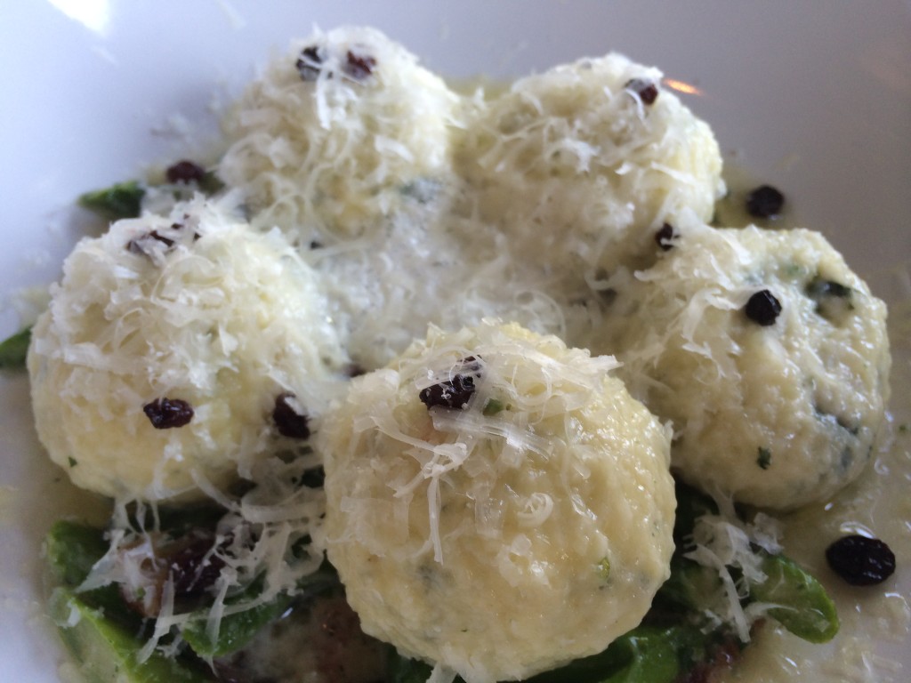 Nettle & Ricotta Gnudi with Asparagus, Bacon and Parmesan Cheese