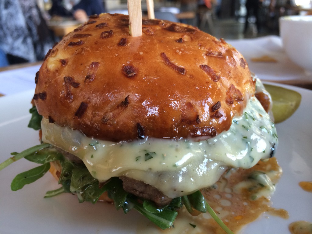 Angus Burger with French Onions, Gruyere and Herb Aioli on an Onion Bun