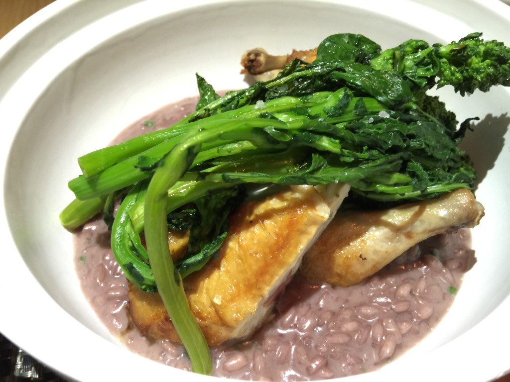 Roast Baby Chicken with Red Wine Foie Gras Risotto and Bitter Greens