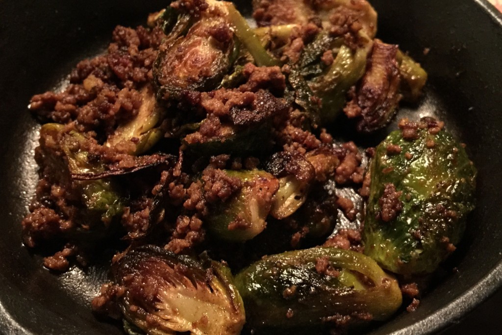 Roasted Brussels Sprouts with House Chorizo, Tequila & Apple Cider Vinegar