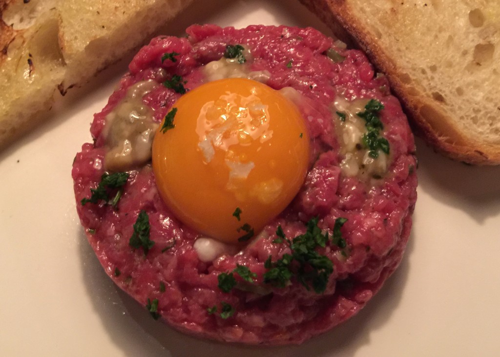 Beef Tartare with Smoked Oysters, Cornichons, Shallot & Belcampo Yolk