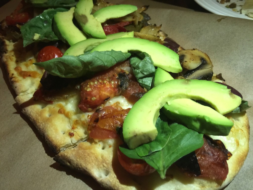 Vegetarian Flatbread with Eggplant, Basi, Cherry Tomato, Roasted Pepper, Kalamata Olives, Kashkaval Cheese, Mushroom and Avocado