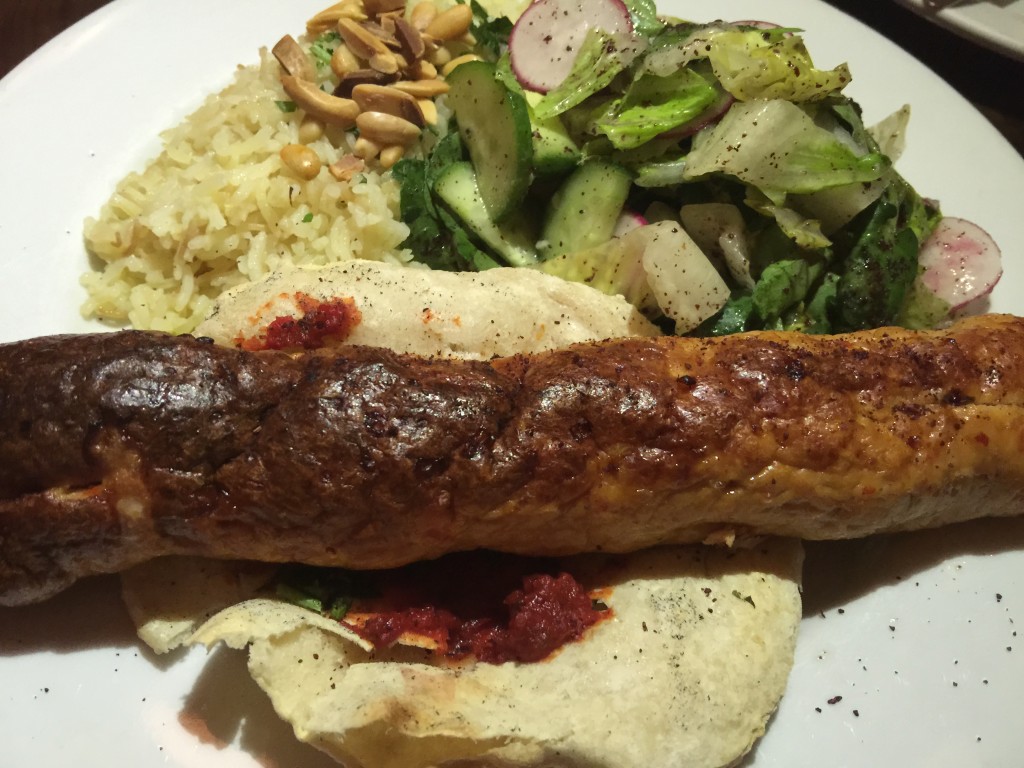 Chicken Lule Kebab with Grilled Pita, Red Onion, Parsley and Sumac Garlic Toum; served with Salad and Rice