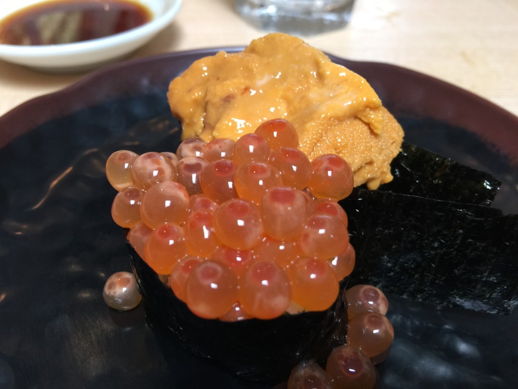 Ikura (Salmon Roe) and Uni (Sea Urchin) Sushi