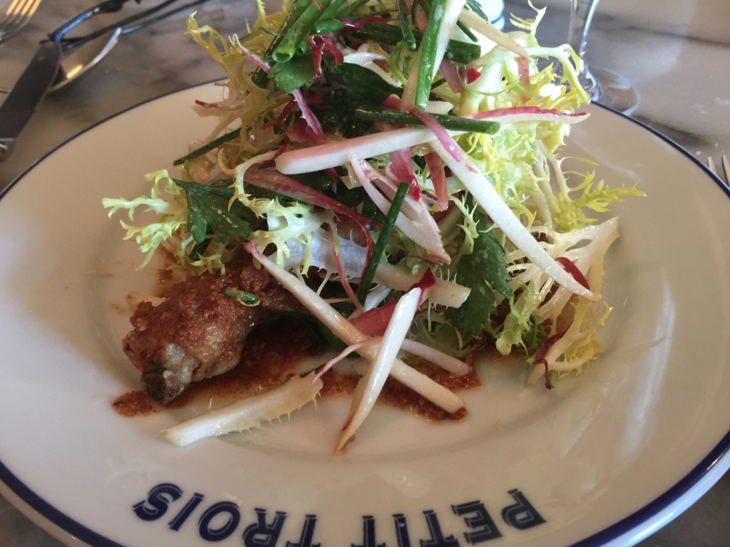 Confit-fried Chicken Leg with brioche butter and frisée salad