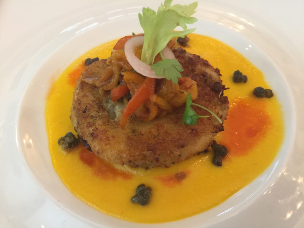 Wild Blue Crab Cake with Toy Box Pepper Ragout and Crispy Capers