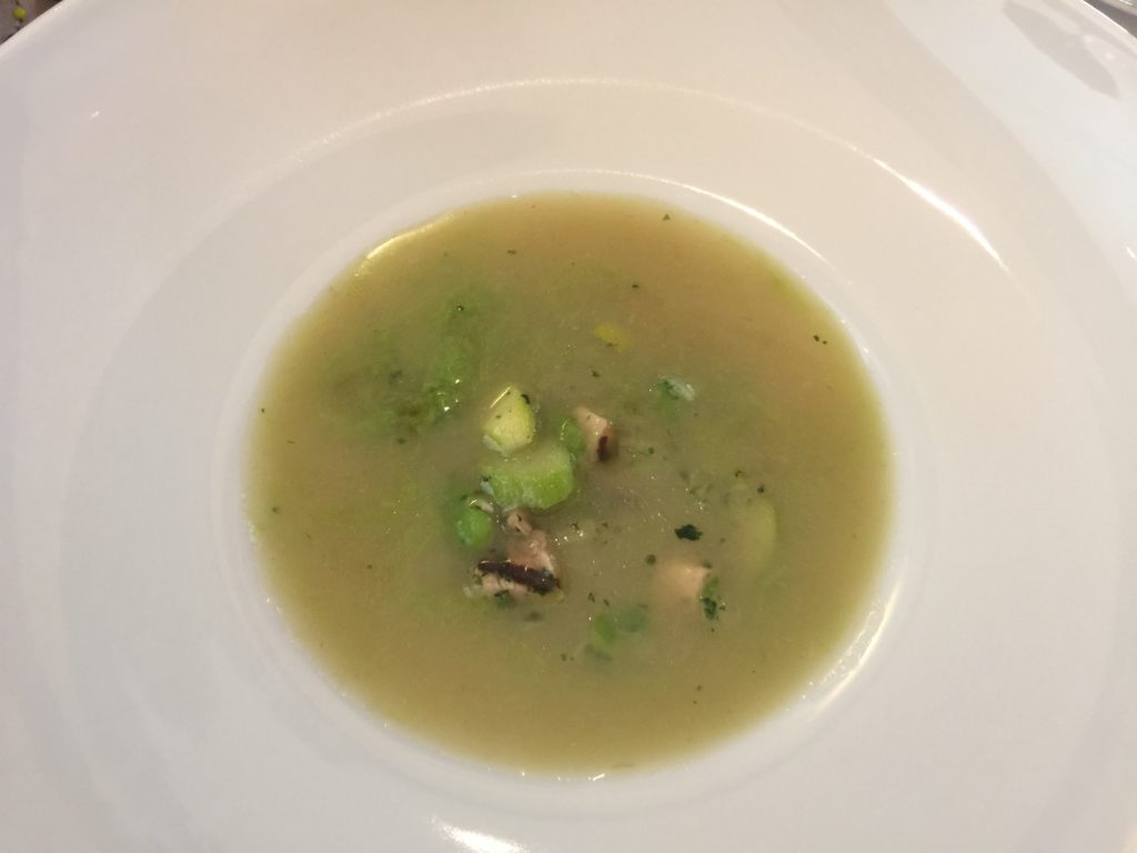 Spring Leek - Potato Broth with Rhubarb Grilled Chicken, Fava Beans and Asparagus