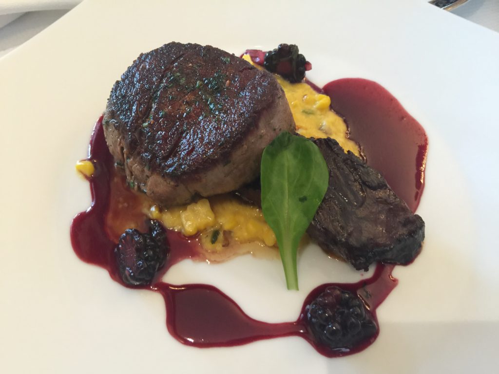 Filet Mignon with Blackberry Braised Beef Short Rib and Grilled Corn