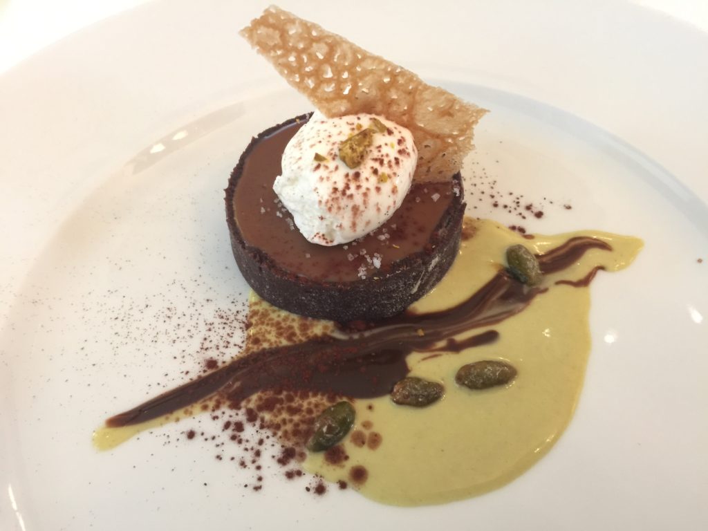 Salted Caramel Chocolate Tart, Vanilla Chantilly Cream and Pistachio Crème