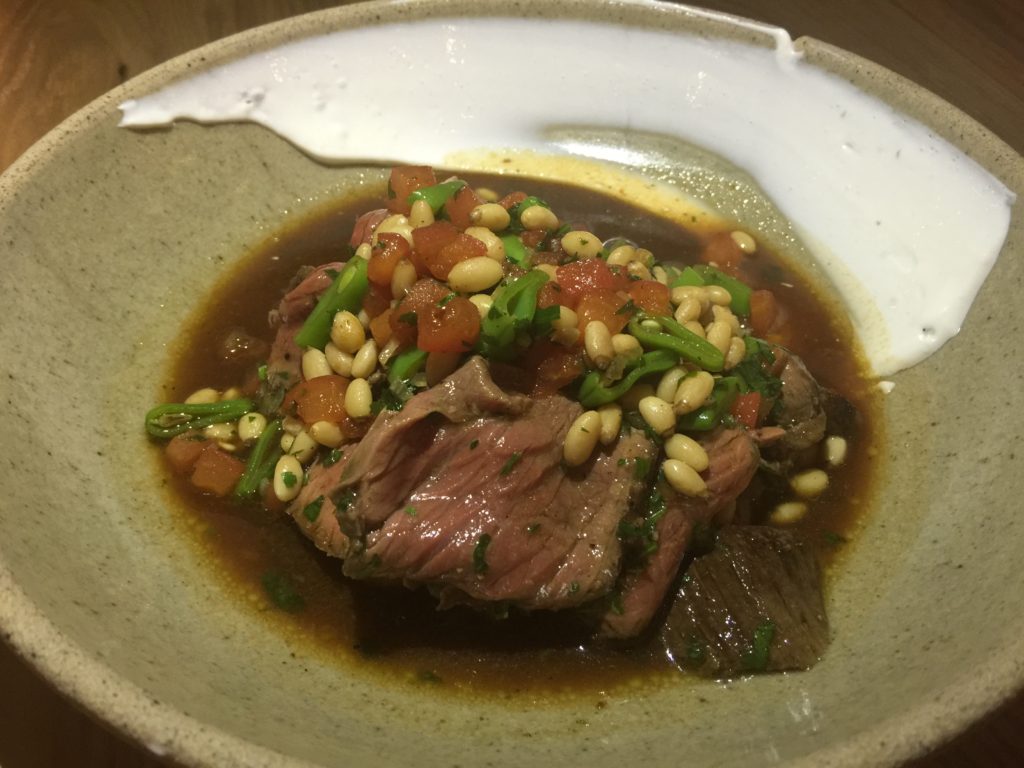 Lamb with Pine Nuts, Pole Beans, Tomato and Yogurt