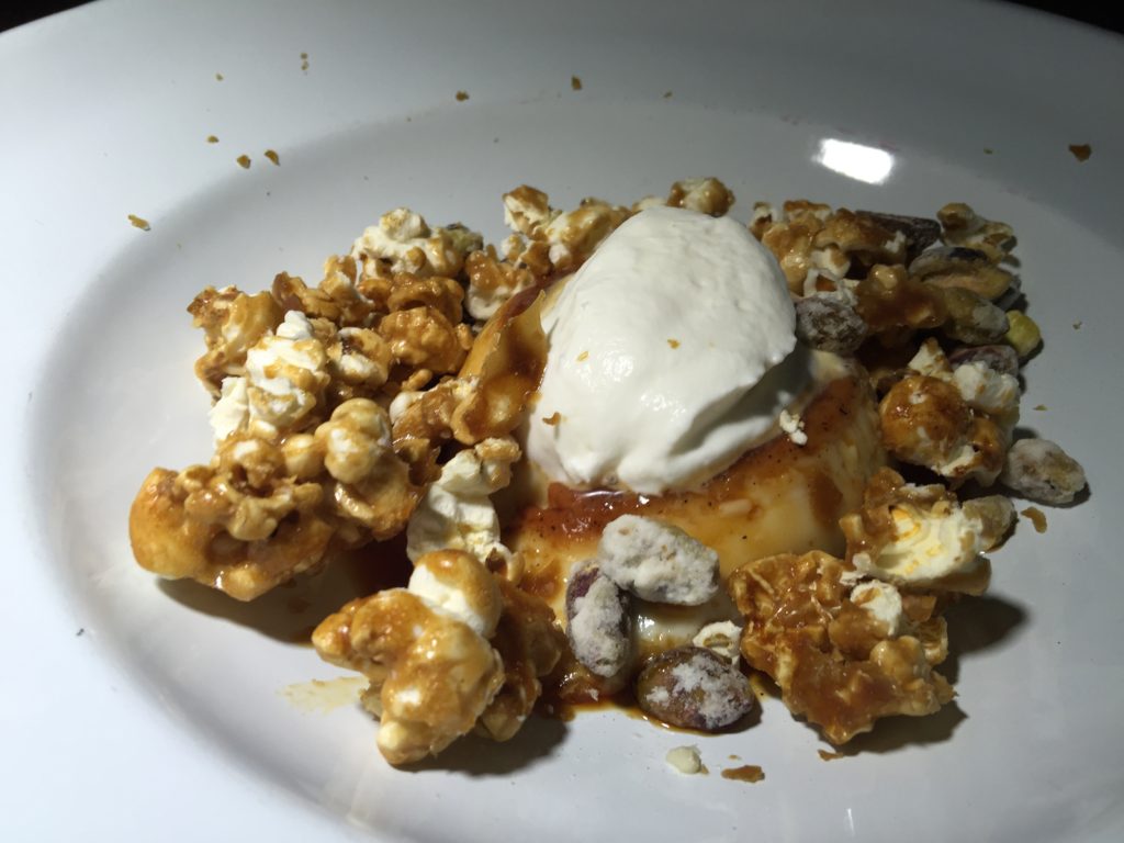 Corn Flan with Popcorn, Candied Pistachios and Whipped Cream
